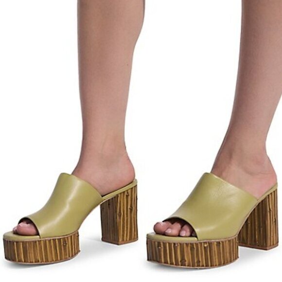 Cult Gaia Judith Leather Bamboo Platform Slide Sandals Green/Tan Womens 6.5 NWOT - Picture 1 of 14